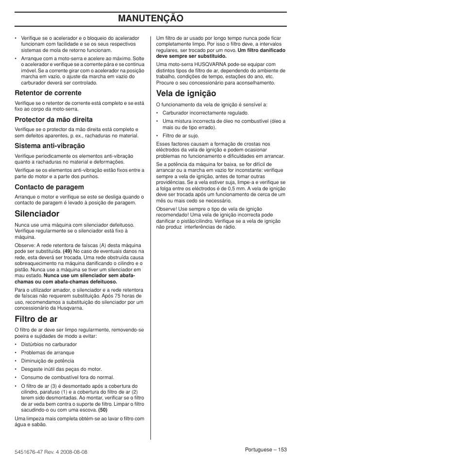 Silenciador, Filtro de ar, Vela de ignição | Manutenção | Husqvarna 240e User Manual | Page 153 / 464