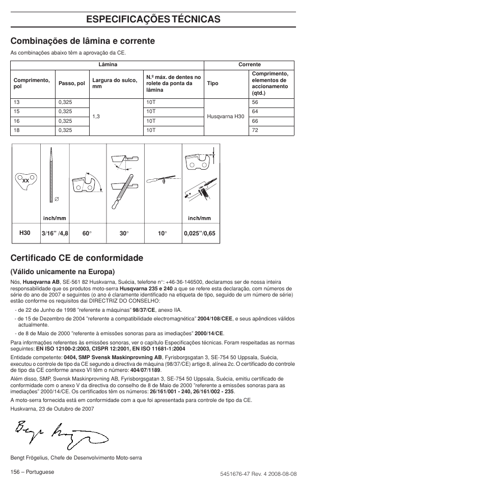 Combinações de lâmina e corrente, Certificado ce de conformidade, Especificações técnicas | Husqvarna 240e User Manual | Page 156 / 464