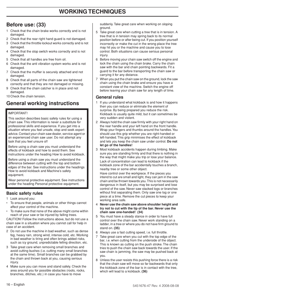 Before use: (33), General working instructions, Working techniques | Basic safety rules, General rules | Husqvarna 240e User Manual | Page 16 / 464