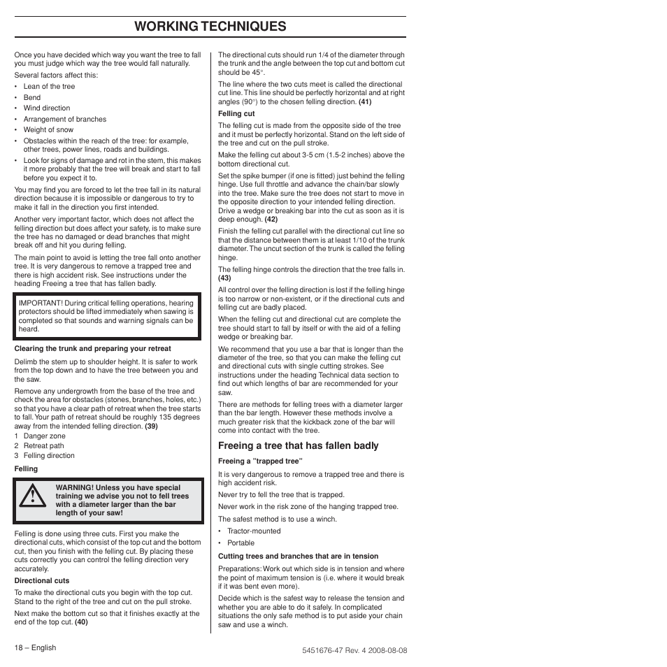 Working techniques, Freeing a tree that has fallen badly | Husqvarna 240e User Manual | Page 18 / 464