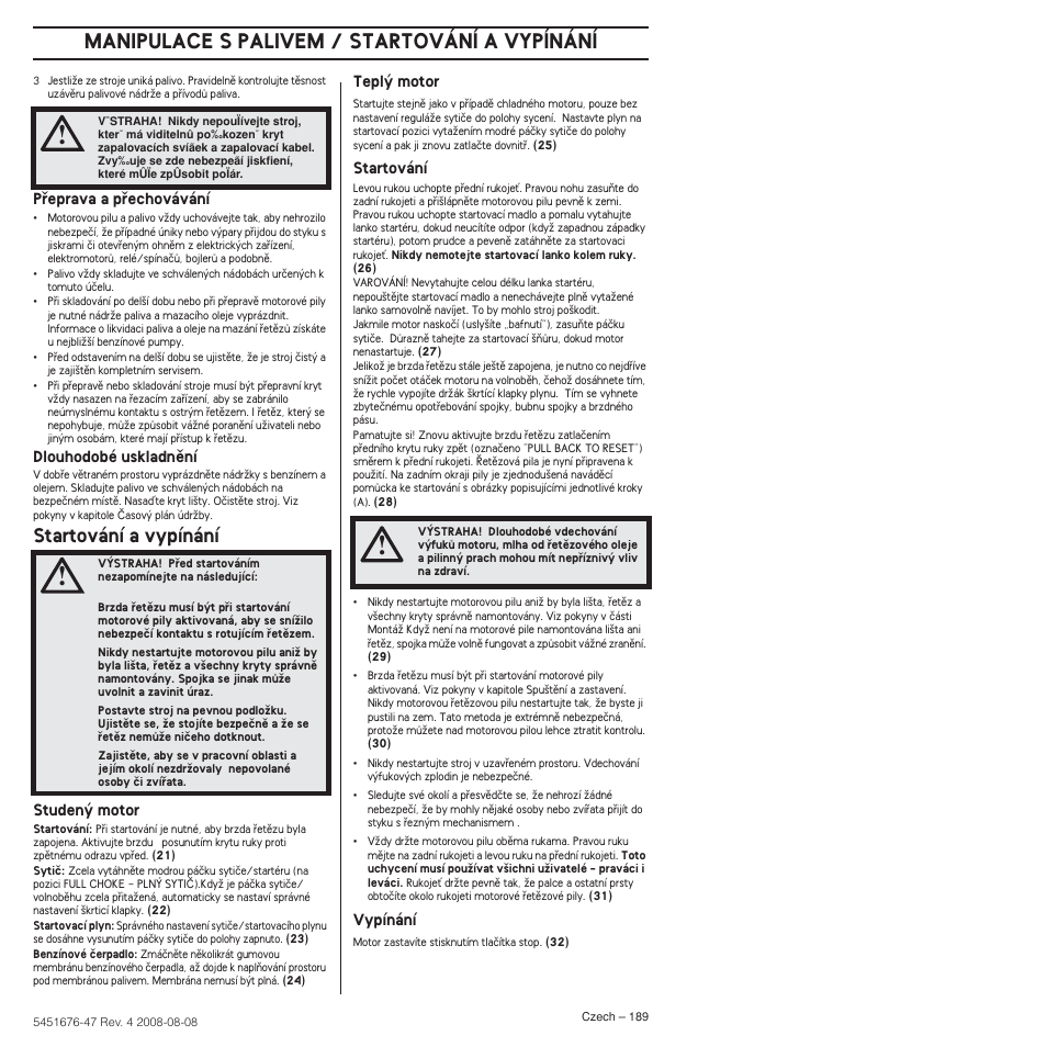 Startování a vypínání, Manipulace s palivem / startování a vypínání | Husqvarna 240e User Manual | Page 189 / 464