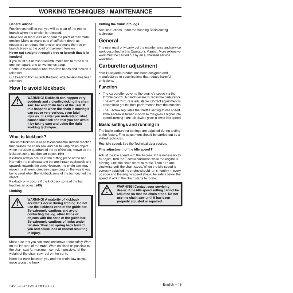 How to avoid kickback, General, Carburettor adjustment | Working techniques / maintenance | Husqvarna 240e User Manual | Page 19 / 464