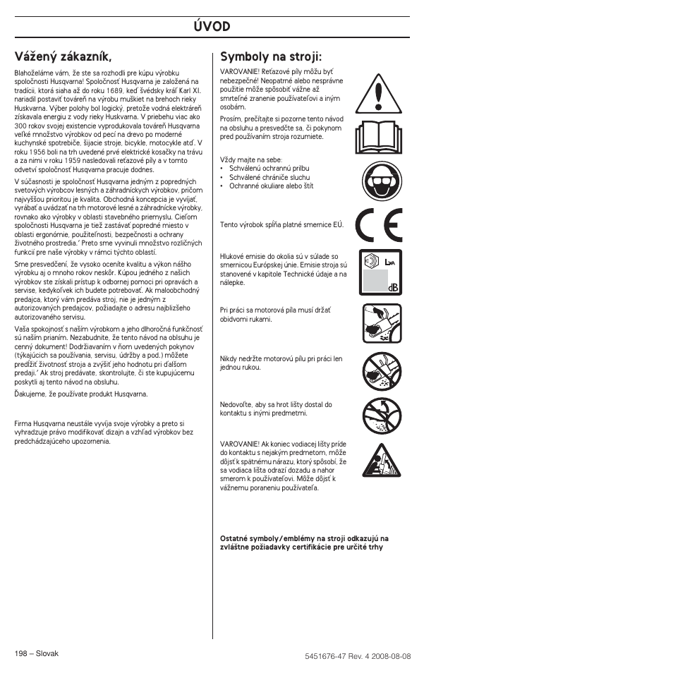 Váïen˘ zákazník, Symboly na stroji, Úvod | Husqvarna 240e User Manual | Page 198 / 464