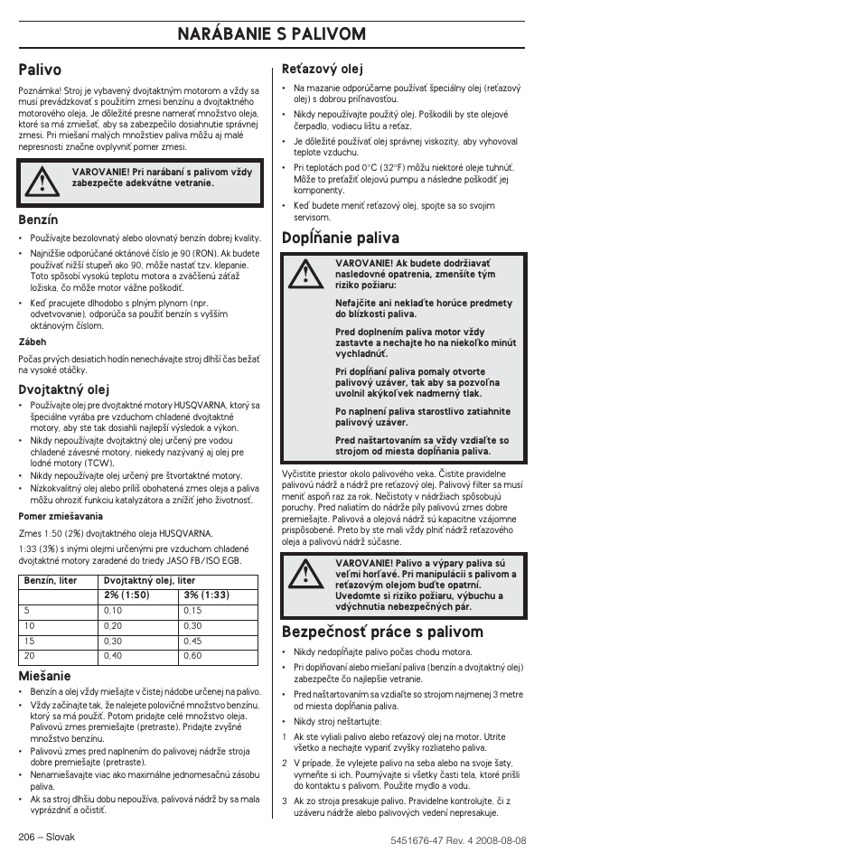 Palivo, Dopæàanie paliva, Bezpeãnosè práce s palivom | Narábanie s palivom | Husqvarna 240e User Manual | Page 206 / 464