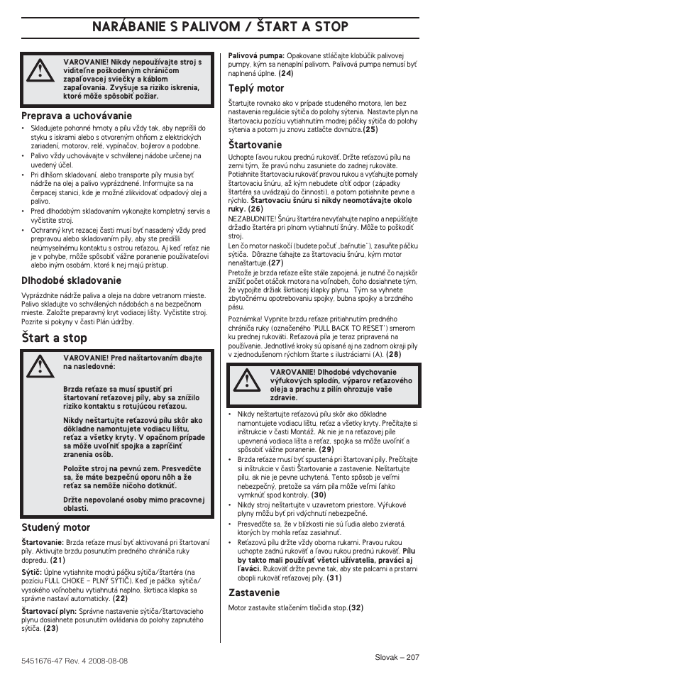 Tart a stop, Narábanie s palivom / ·tart a stop | Husqvarna 240e User Manual | Page 207 / 464