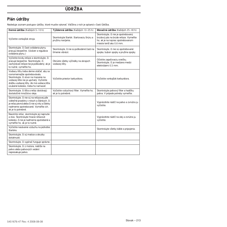 Plán údrïby, Údrîba | Husqvarna 240e User Manual | Page 213 / 464