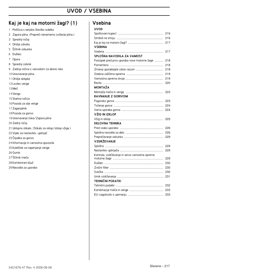 Kaj je kaj na motorni ïagi? (1), Vsebina, Uvod / vsebina | Husqvarna 240e User Manual | Page 217 / 464