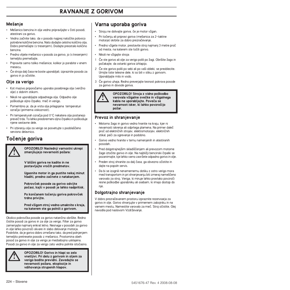 Toãenje goriva, Varna uporaba goriva, Ravnanje z gorivom | Husqvarna 240e User Manual | Page 224 / 464