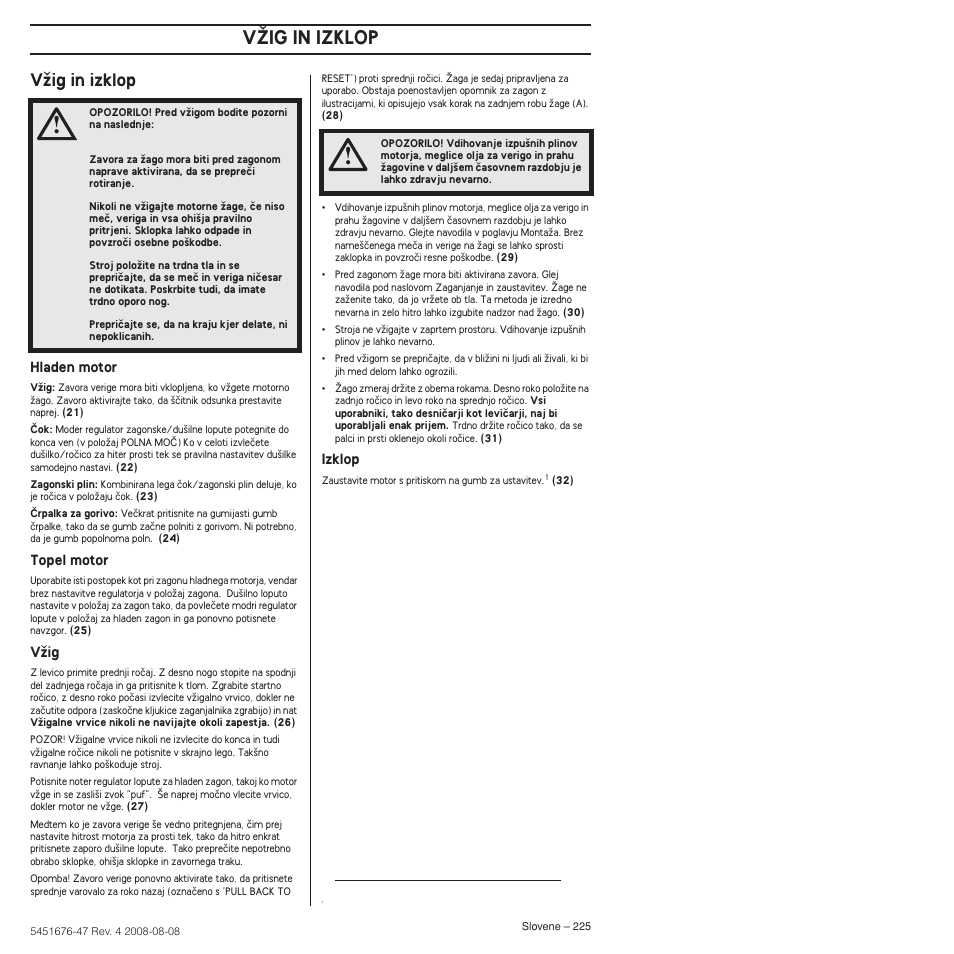 Vïig in izklop, Vîig in izklop | Husqvarna 240e User Manual | Page 225 / 464