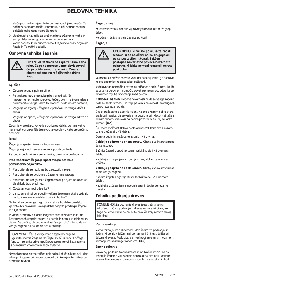 Delovna tehnika | Husqvarna 240e User Manual | Page 227 / 464