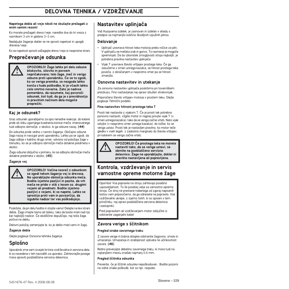 Prepreãevanje odsunka, Splo‰no, Nastavitev uplinjaãa | Delovna tehnika / vzdrîevanje | Husqvarna 240e User Manual | Page 229 / 464