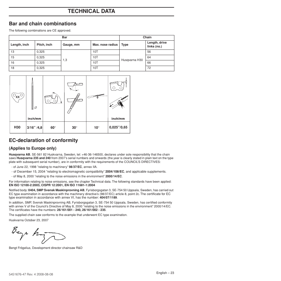 Bar and chain combinations, Ec-declaration of conformity, Technical data | Husqvarna 240e User Manual | Page 23 / 464