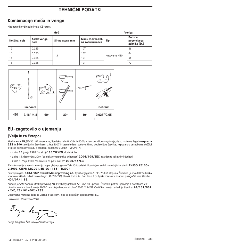 Kombinacije meãa in verige, Eu-zagotovilo o ujemanju, Tehniâni podatki | Husqvarna 240e User Manual | Page 233 / 464