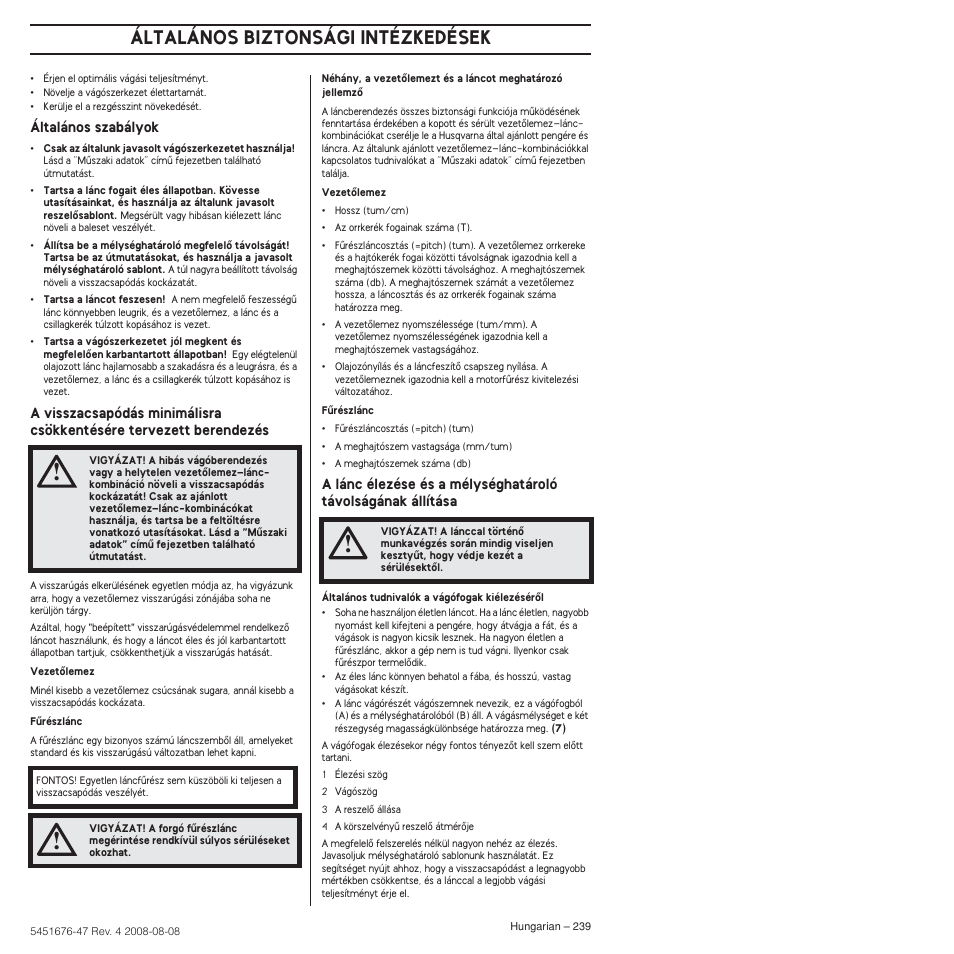 Általános biztonsági intézkedések | Husqvarna 240e User Manual | Page 239 / 464