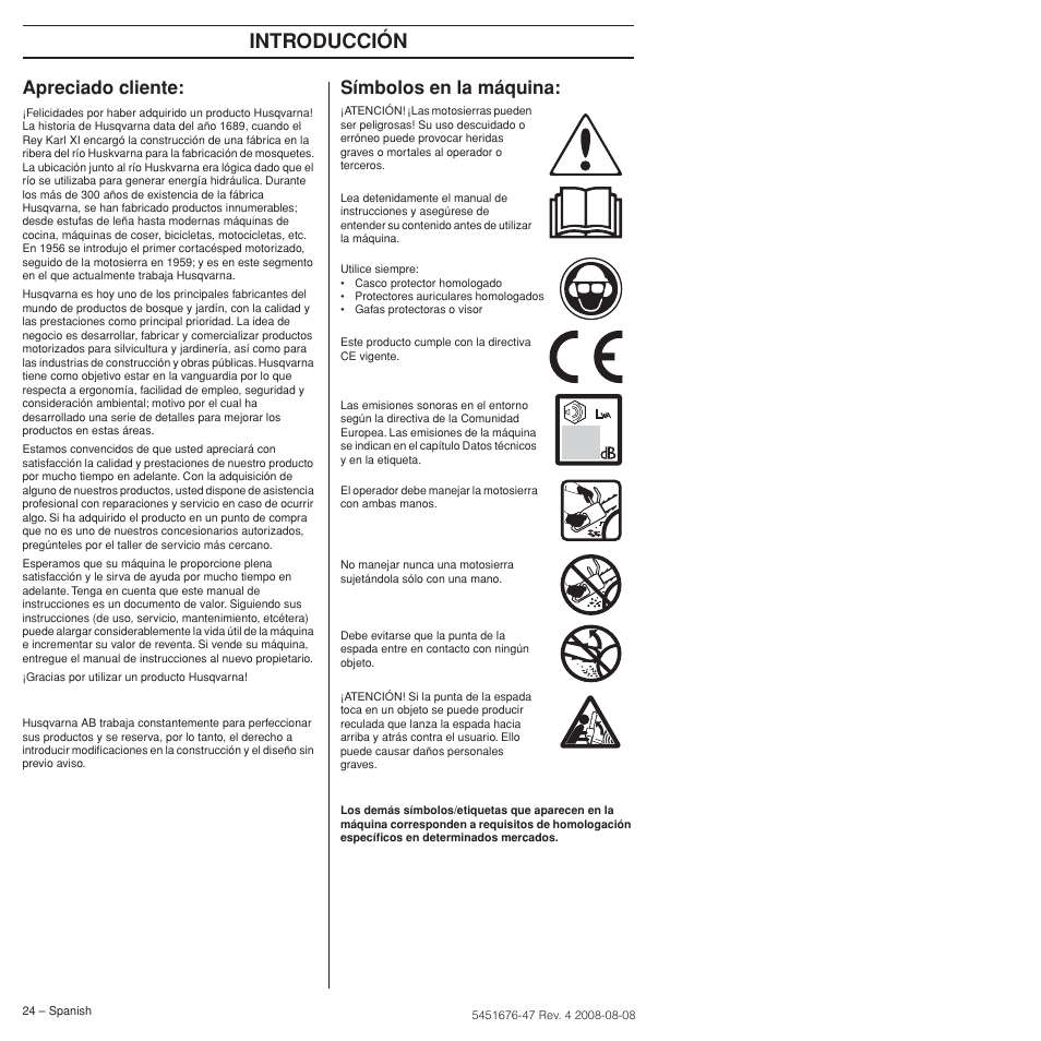 Apreciado cliente, Símbolos en la máquina, Introducción | Husqvarna 240e User Manual | Page 24 / 464