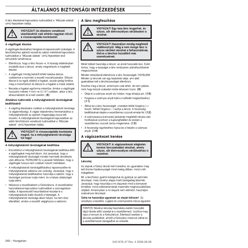Általános biztonsági intézkedések | Husqvarna 240e User Manual | Page 240 / 464