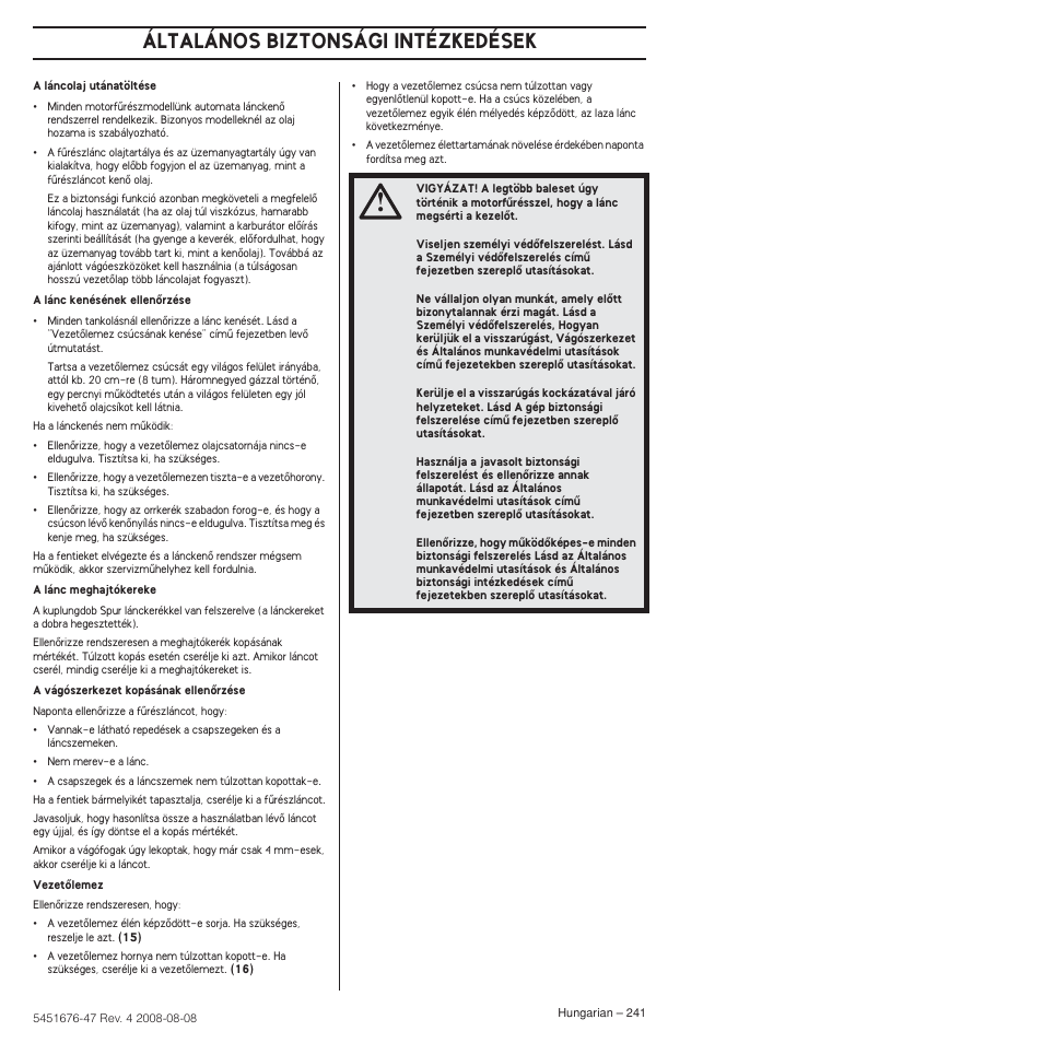 Általános biztonsági intézkedések | Husqvarna 240e User Manual | Page 241 / 464