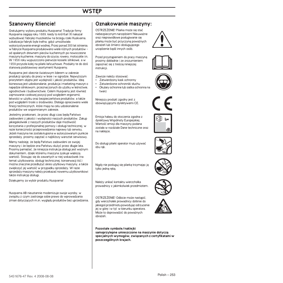 Szanowny kliencie, Oznakowanie maszyny, Wst¢p | Husqvarna 240e User Manual | Page 253 / 464