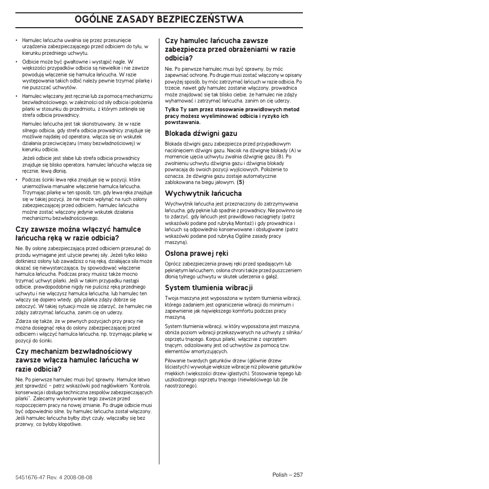 Ogólne zasady bezpiecze¡stwa | Husqvarna 240e User Manual | Page 257 / 464