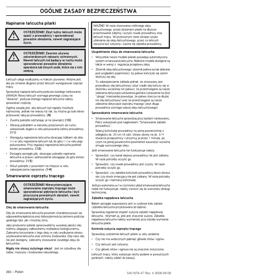 Ogólne zasady bezpiecze¡stwa | Husqvarna 240e User Manual | Page 260 / 464