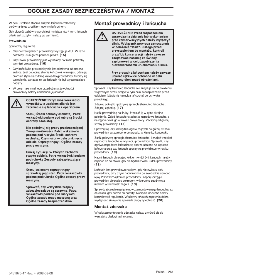 Monta˝ prowadnicy i ¸aƒcucha, Ogólne zasady bezpiecze¡stwa / monta, Monta˝ prowadnicy i ∏aƒcucha | Husqvarna 240e User Manual | Page 261 / 464