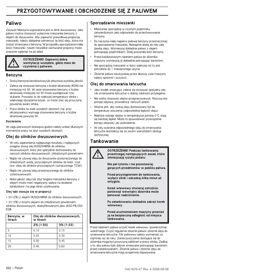 Paliwo, Tankowanie, Przygotowywanie i obchodzenie si¢ z paliwem | Husqvarna 240e User Manual | Page 262 / 464