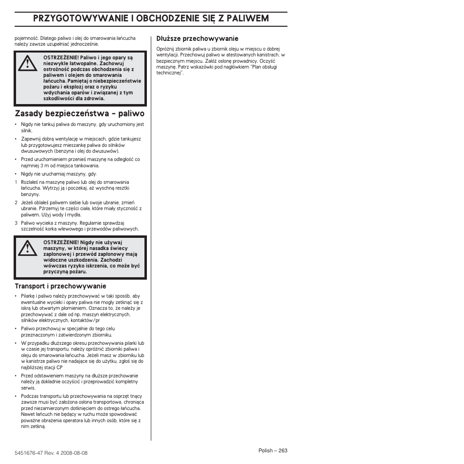 Zasady bezpieczeƒstwa - paliwo, Przygotowywanie i obchodzenie si¢ z paliwem | Husqvarna 240e User Manual | Page 263 / 464