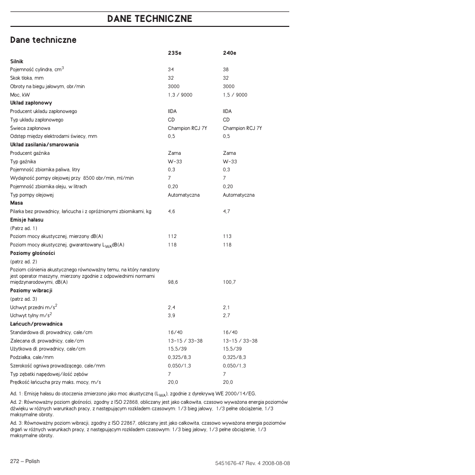 Dane techniczne | Husqvarna 240e User Manual | Page 272 / 464