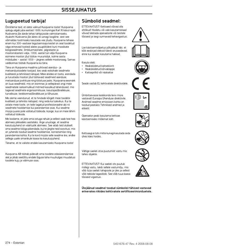 Lugupeetud tarbija, Sümbolid seadmel, Sissejuhatus | Husqvarna 240e User Manual | Page 274 / 464