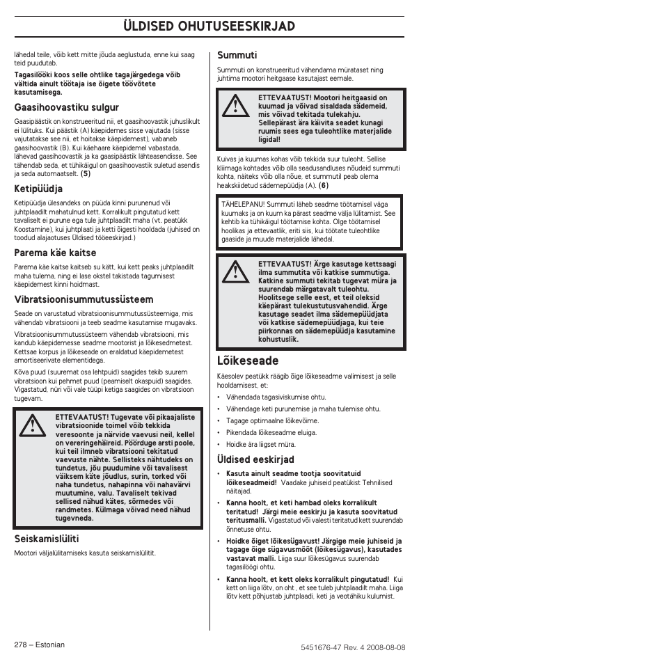 Lõikeseade, Üldised ohutuseeskirjad | Husqvarna 240e User Manual | Page 278 / 464