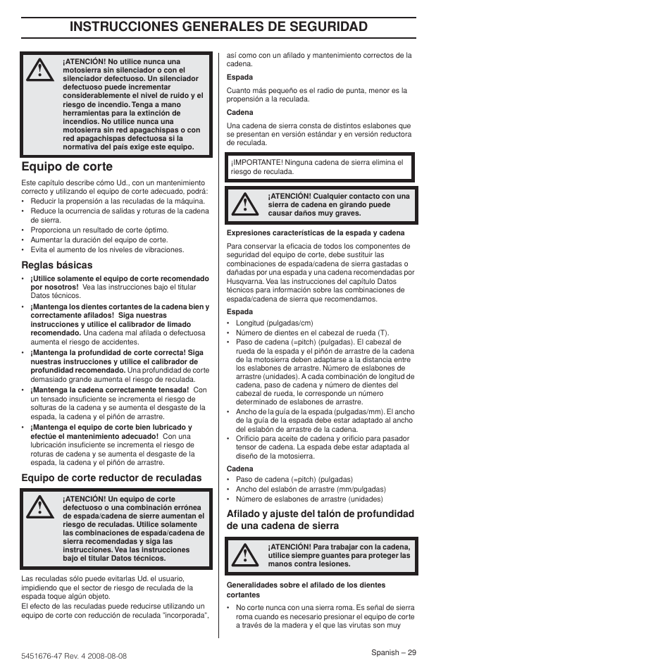 Equipo de corte, Instrucciones generales de seguridad | Husqvarna 240e User Manual | Page 29 / 464