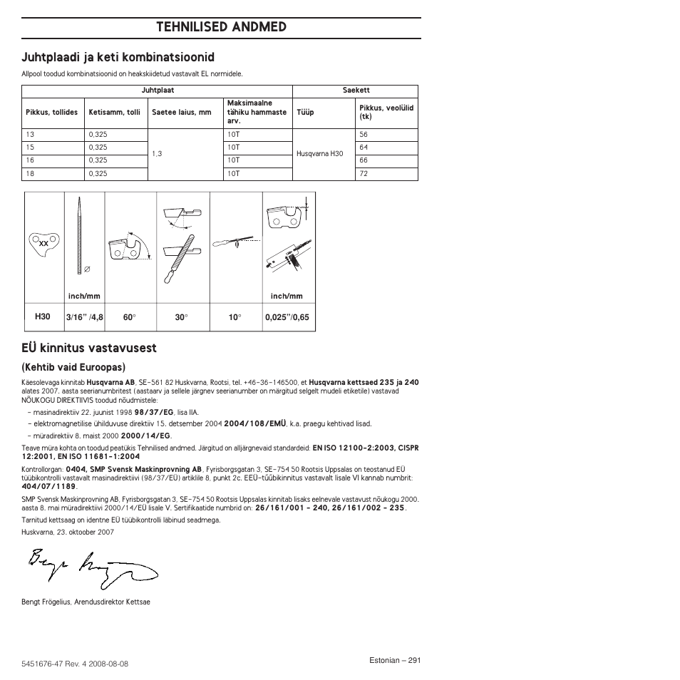 Juhtplaadi ja keti kombinatsioonid, Eü kinnitus vastavusest, Tehnilised andmed | Husqvarna 240e User Manual | Page 291 / 464