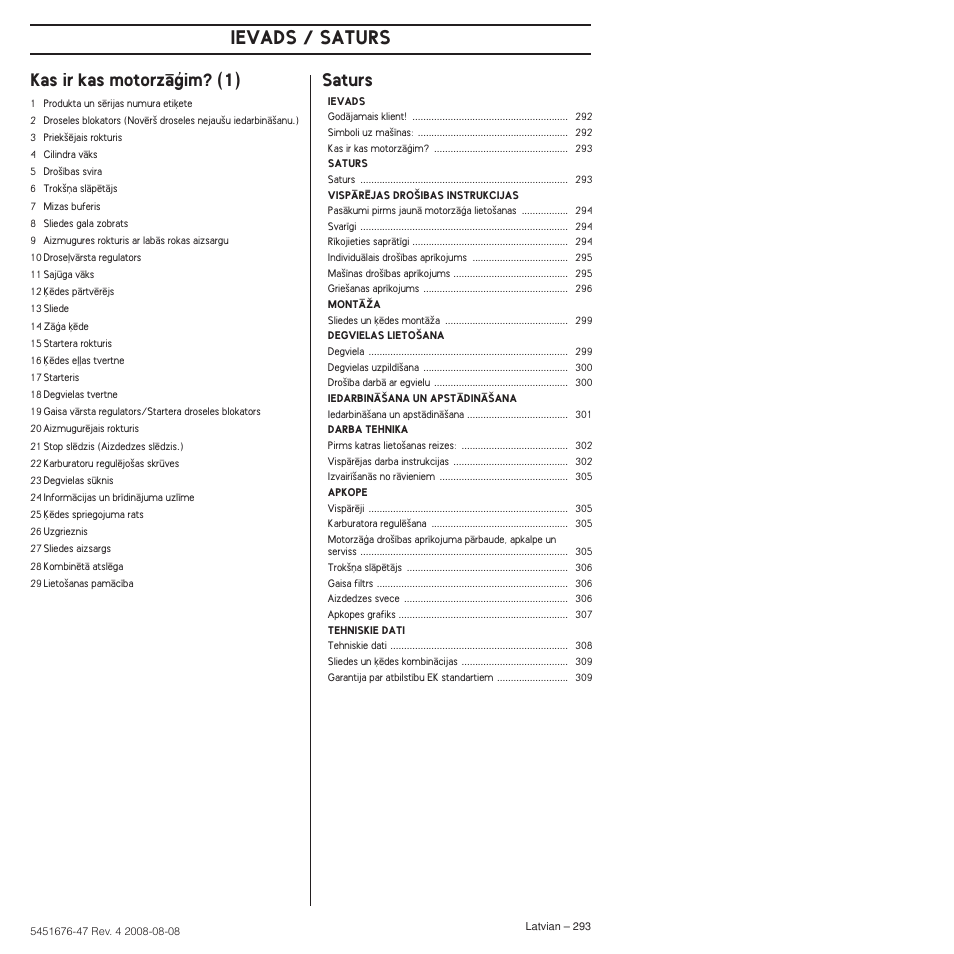 Kas ir kas motorzçæim? (1), Saturs, Ievads / saturs | Husqvarna 240e User Manual | Page 293 / 464