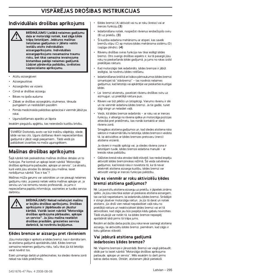 Individuçlais dro‰¥bas apr¥kojums, Ma‰¥nas dro‰¥bas apr¥kojums, Vispårîjas dro·ibas instrukcijas | Husqvarna 240e User Manual | Page 295 / 464