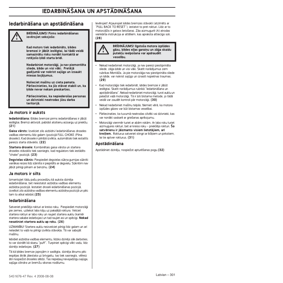 Iedarbinç‰ana un apstçdinç‰ana, Iedarbinå·ana un apstådinå·ana | Husqvarna 240e User Manual | Page 301 / 464