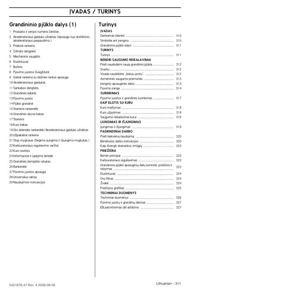 Grandininio pjðklo dalys (1), Turinys, Øvadas / turinys | Grandininio pjklo dalys (1) | Husqvarna 240e User Manual | Page 311 / 464