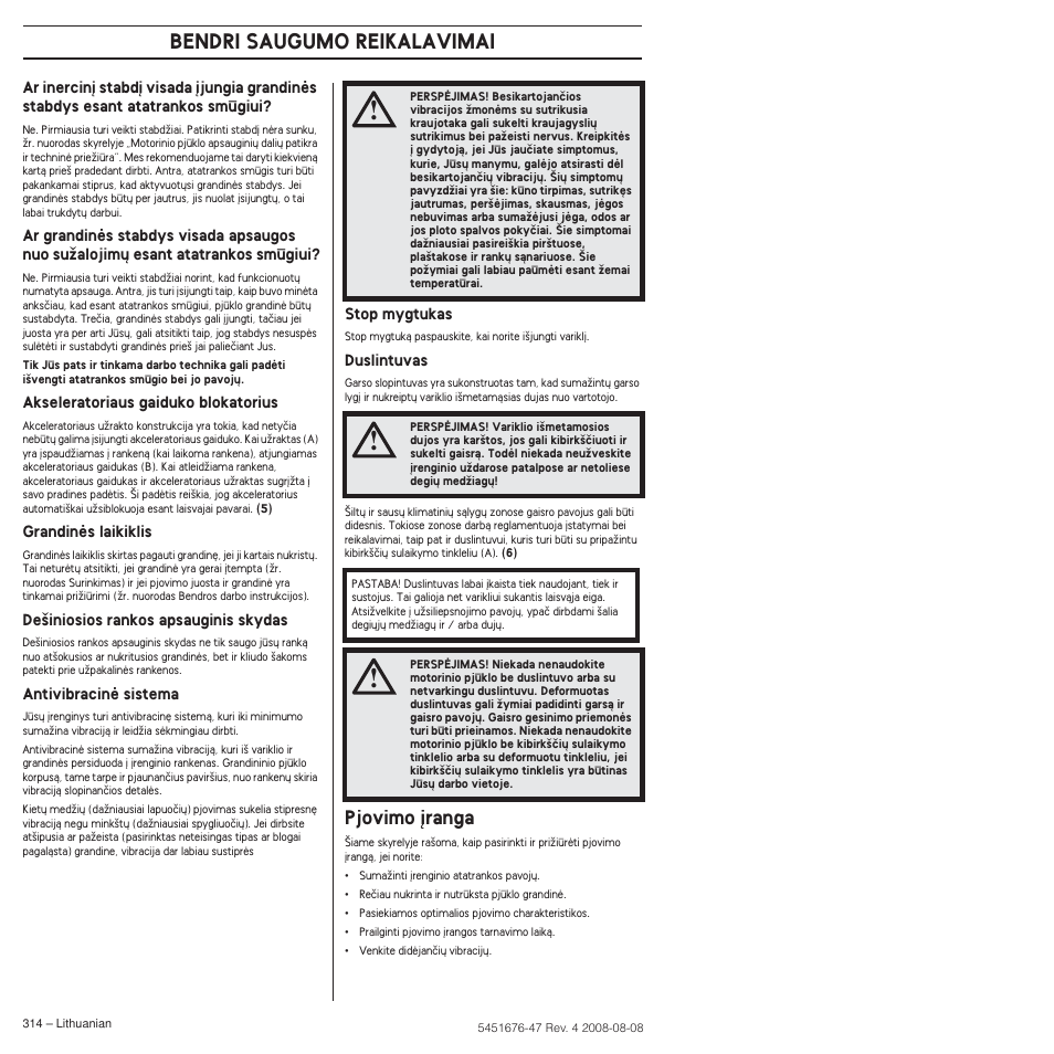 Pjovimo °ranga, Bendri saugumo reikalavimai, Pjovimo ∞ranga | Husqvarna 240e User Manual | Page 314 / 464