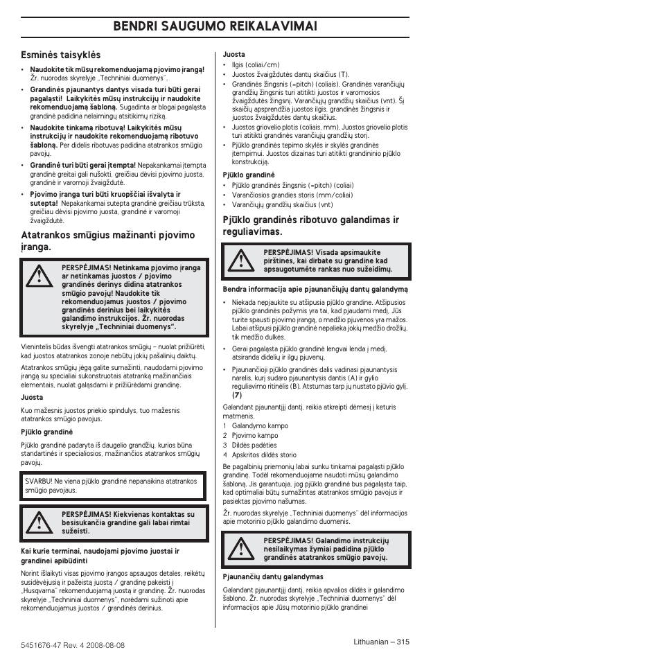Bendri saugumo reikalavimai | Husqvarna 240e User Manual | Page 315 / 464