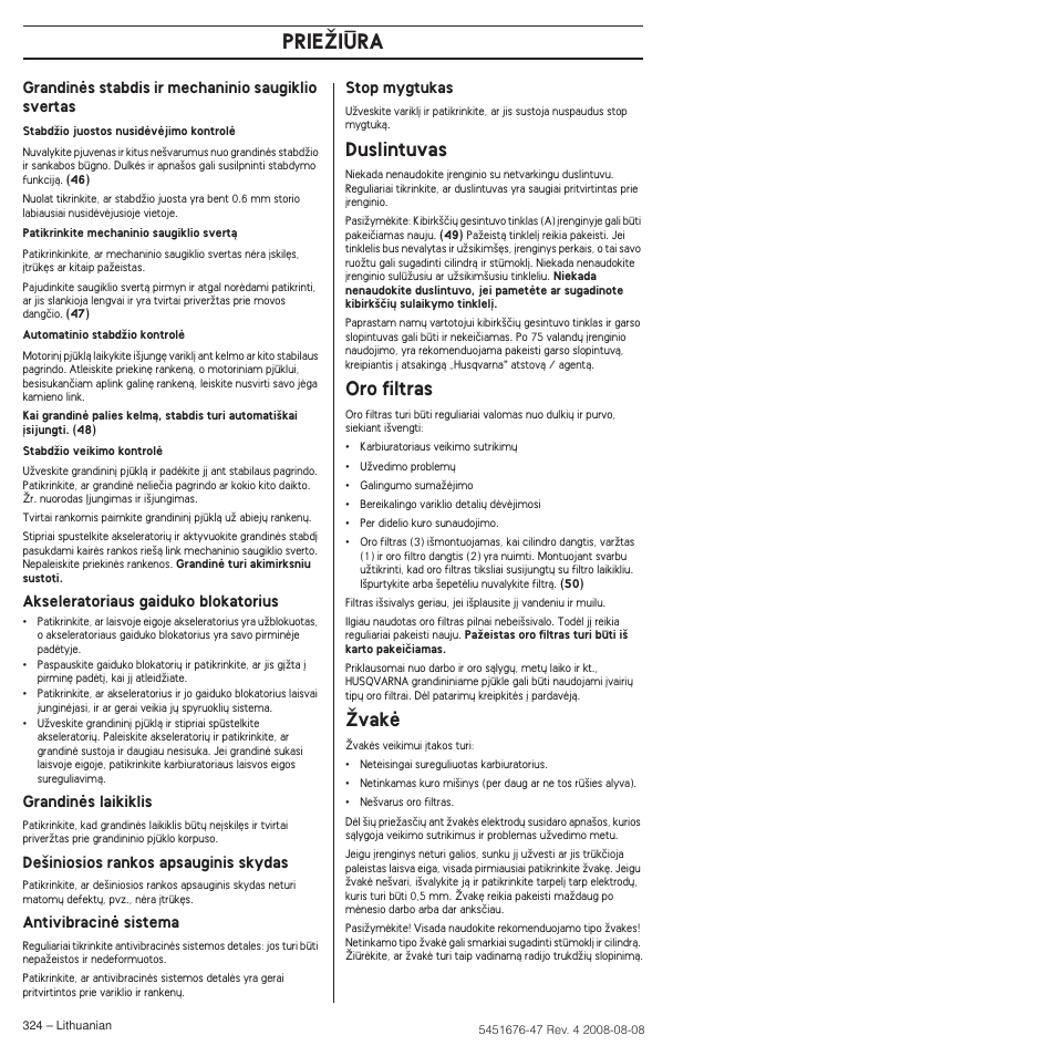Duslintuvas, Oro filtras, Îvakò | Prieîiìra | Husqvarna 240e User Manual | Page 324 / 464