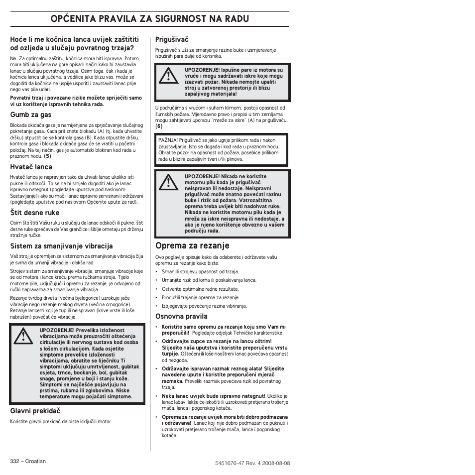 Oprema za rezanje, Opåenita pravila za sigurnost na radu | Husqvarna 240e User Manual | Page 332 / 464