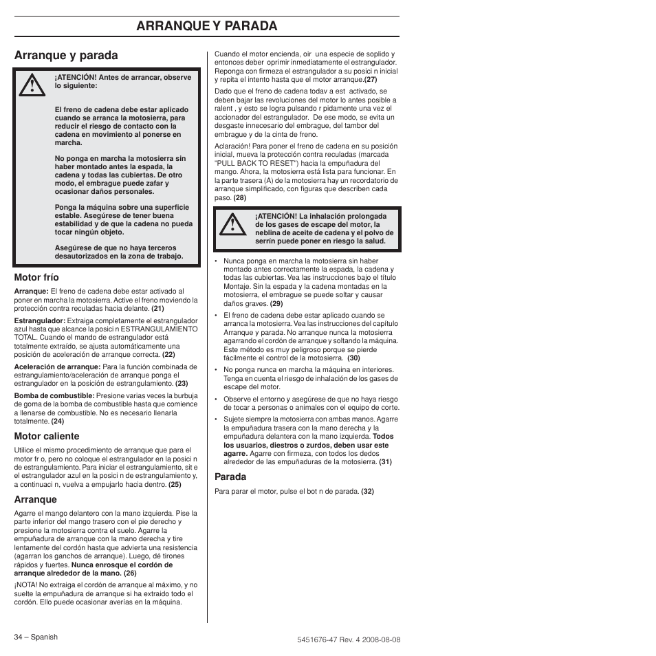 Arranque y parada | Husqvarna 240e User Manual | Page 34 / 464