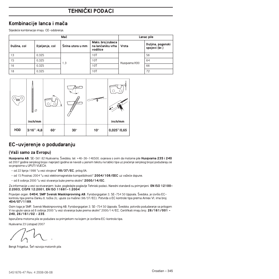 Kombinacije lanca i maãa, Ec-uvjerenje o podudaranju, Tehniâki podaci | Husqvarna 240e User Manual | Page 345 / 464