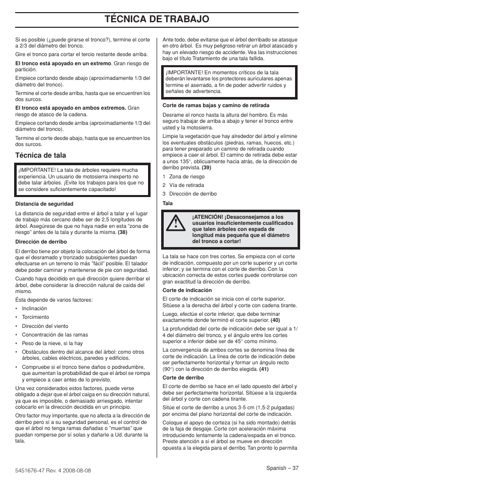 Técnica de trabajo, Técnica de tala | Husqvarna 240e User Manual | Page 37 / 464