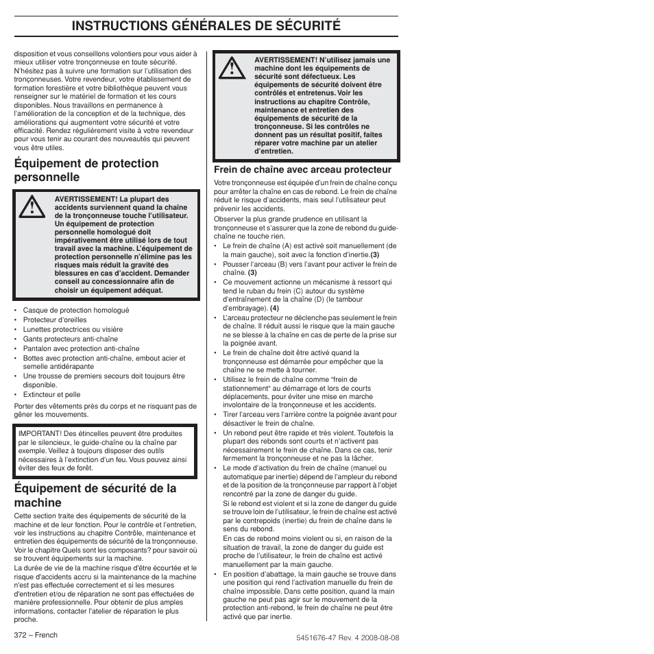 Équipement de protection personnelle, Équipement de sécurité de la machine, Instructions générales de sécurité | Husqvarna 240e User Manual | Page 372 / 464