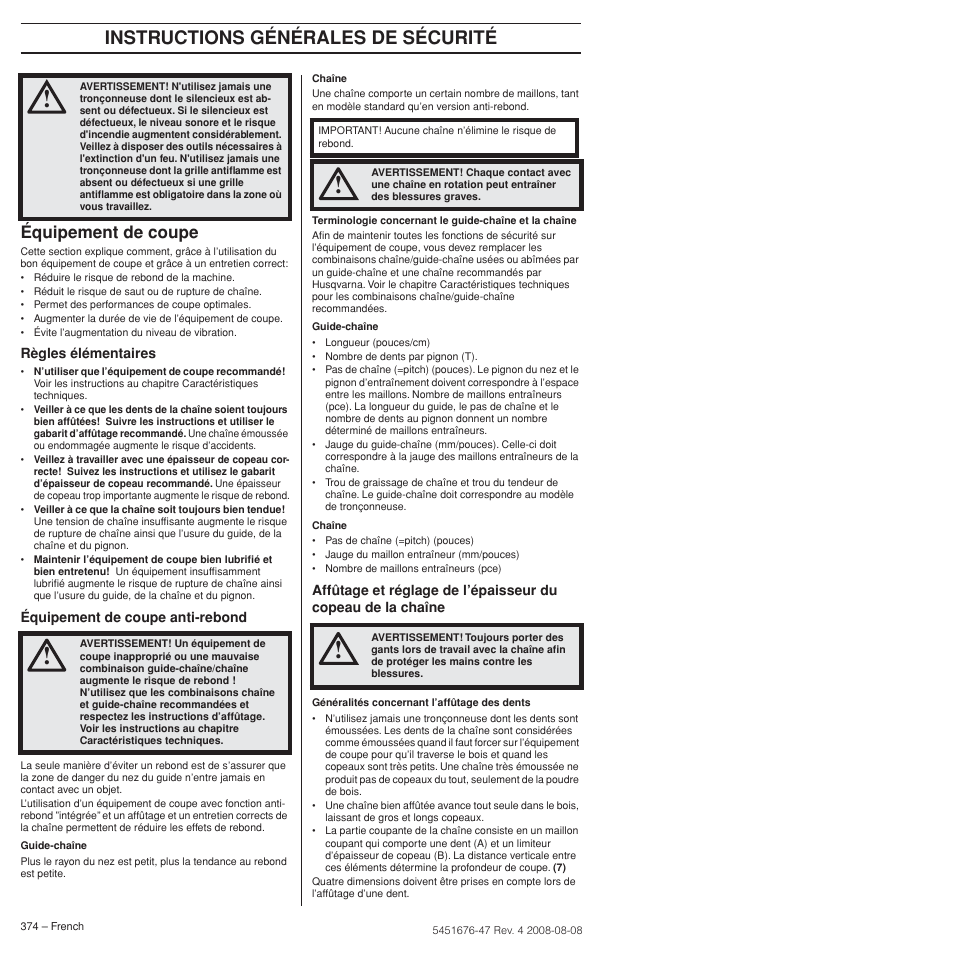 Équipement de coupe, Instructions générales de sécurité | Husqvarna 240e User Manual | Page 374 / 464