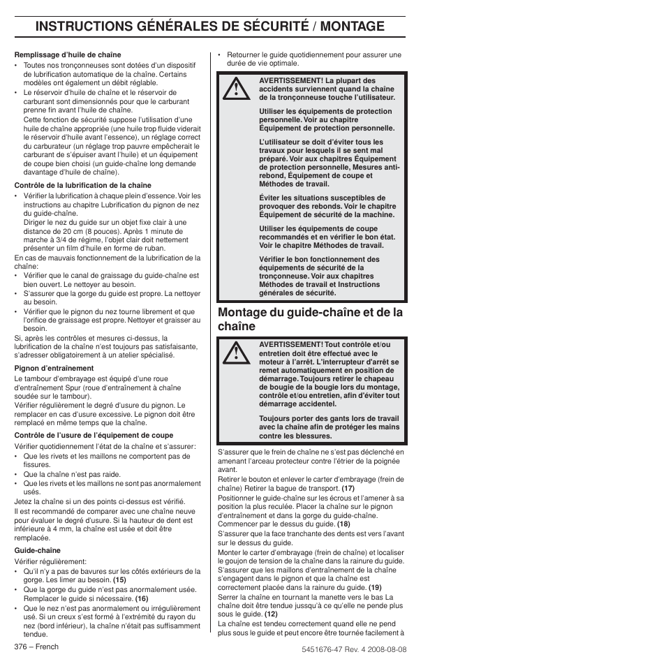 Montage du guide-chaîne et de la chaîne, Instructions générales de sécurité / montage | Husqvarna 240e User Manual | Page 376 / 464