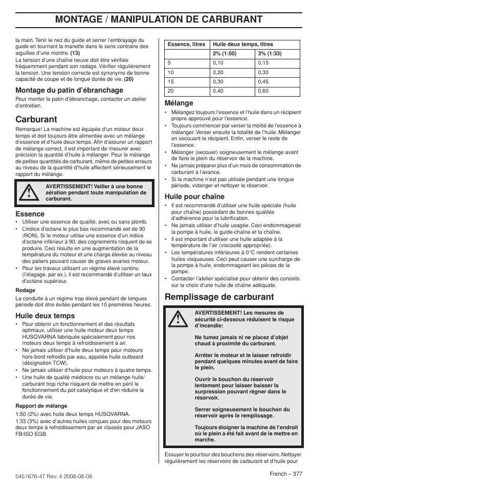 Carburant, Remplissage de carburant, Montage / manipulation de carburant | Husqvarna 240e User Manual | Page 377 / 464