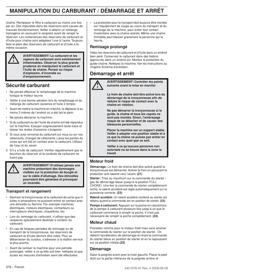 Sécurité carburant, Démarrage et arrêt, Manipulation du carburant / démarrage et arrêt | Husqvarna 240e User Manual | Page 378 / 464