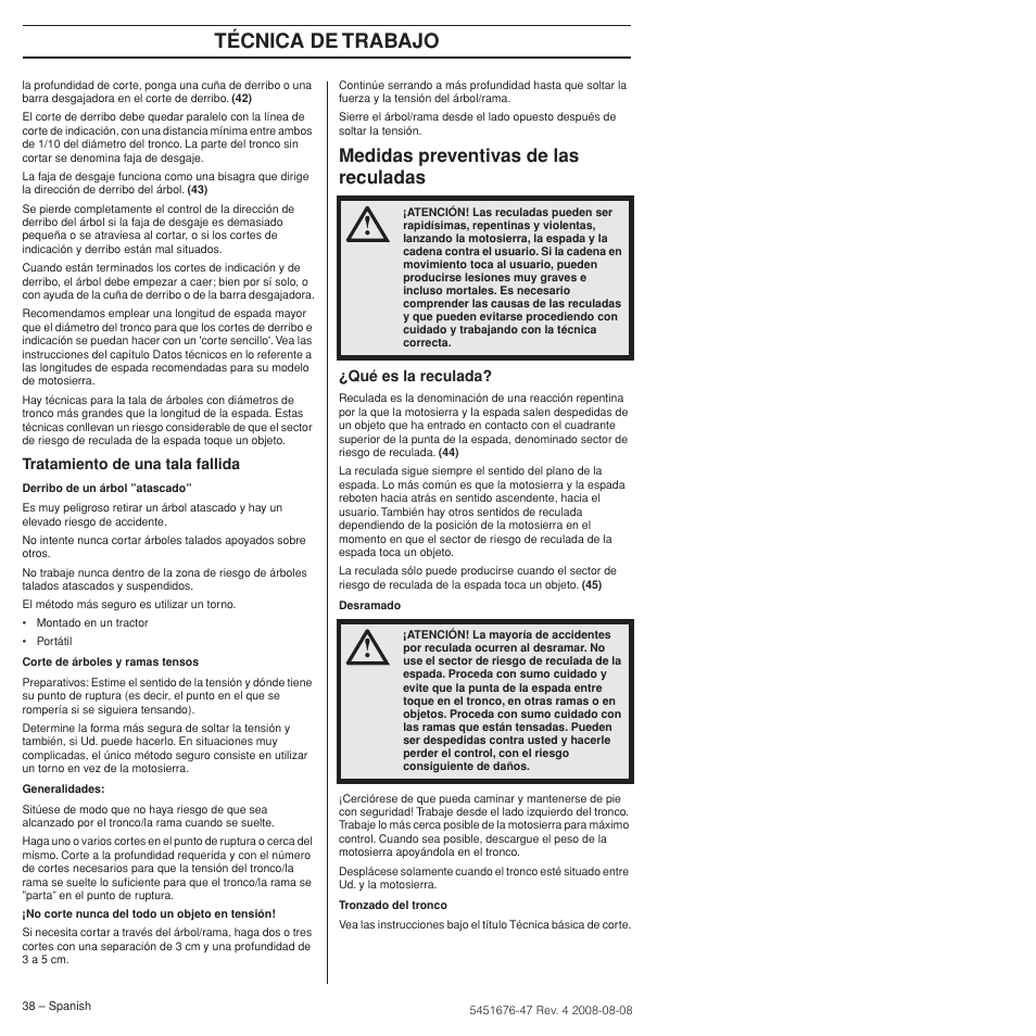 Medidas preventivas de las reculadas, Técnica de trabajo | Husqvarna 240e User Manual | Page 38 / 464