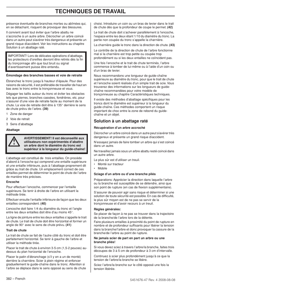 Techniques de travail, Solution à un abattage raté | Husqvarna 240e User Manual | Page 382 / 464